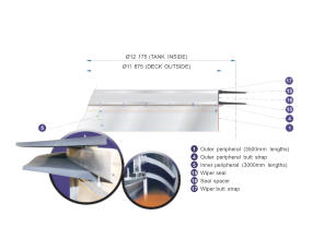 1 Outer peripheral (3500mm lengths) 4 Outer peripheral butt strap 5 Inner peripheral (3000mm lengths) 15 Wiper seal 16 Seal spacer 17 Wiper butt strap Ø12 175 (TANK INSIDE) Ø11 875 (DECK OUTSIDE)